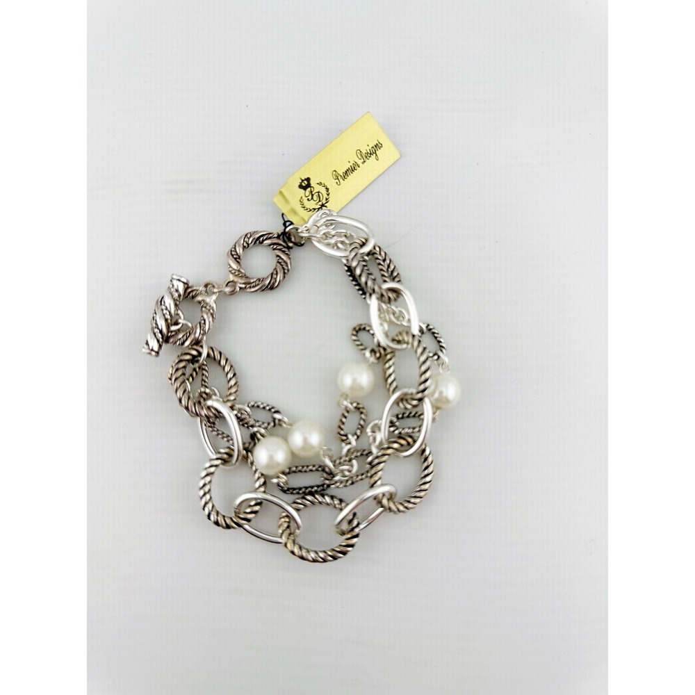 Premier Design Bellissimo Multi Strand Bracelet Silver Tone With Faux Pearls 8"